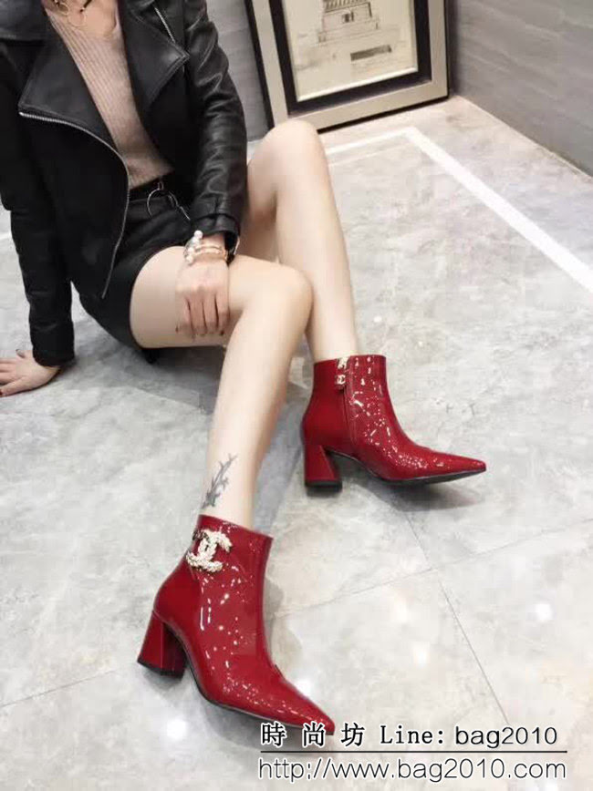 CHANEL香奈兒 代購正品 羊皮拼色中跟短靴 2018新款短筒女靴 QZS2427